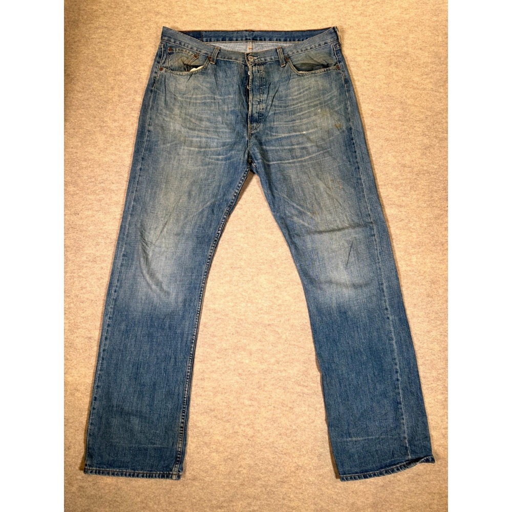 Levis 501 Straight Jeans Mens 38x34 Blue Whiskering Denim High Rise Button Fly